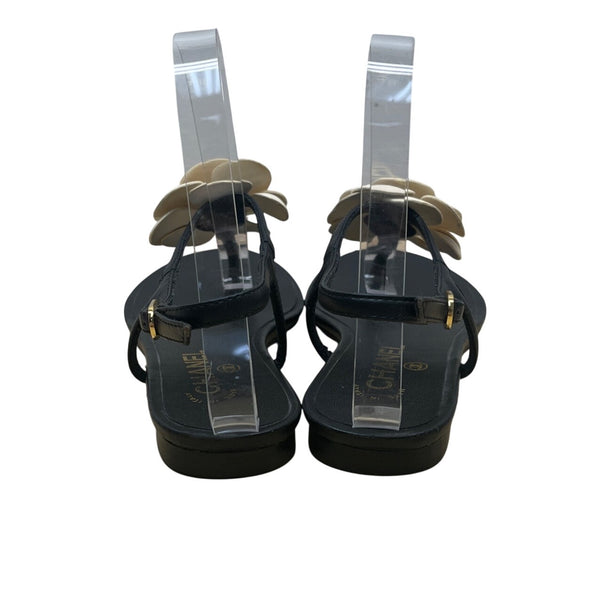 Chanel Women’s Black & White Camellia Thong Sandals Sz 37