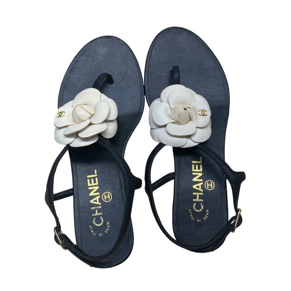 Chanel Women’s Black & White Camellia Thong Sandals Sz 37