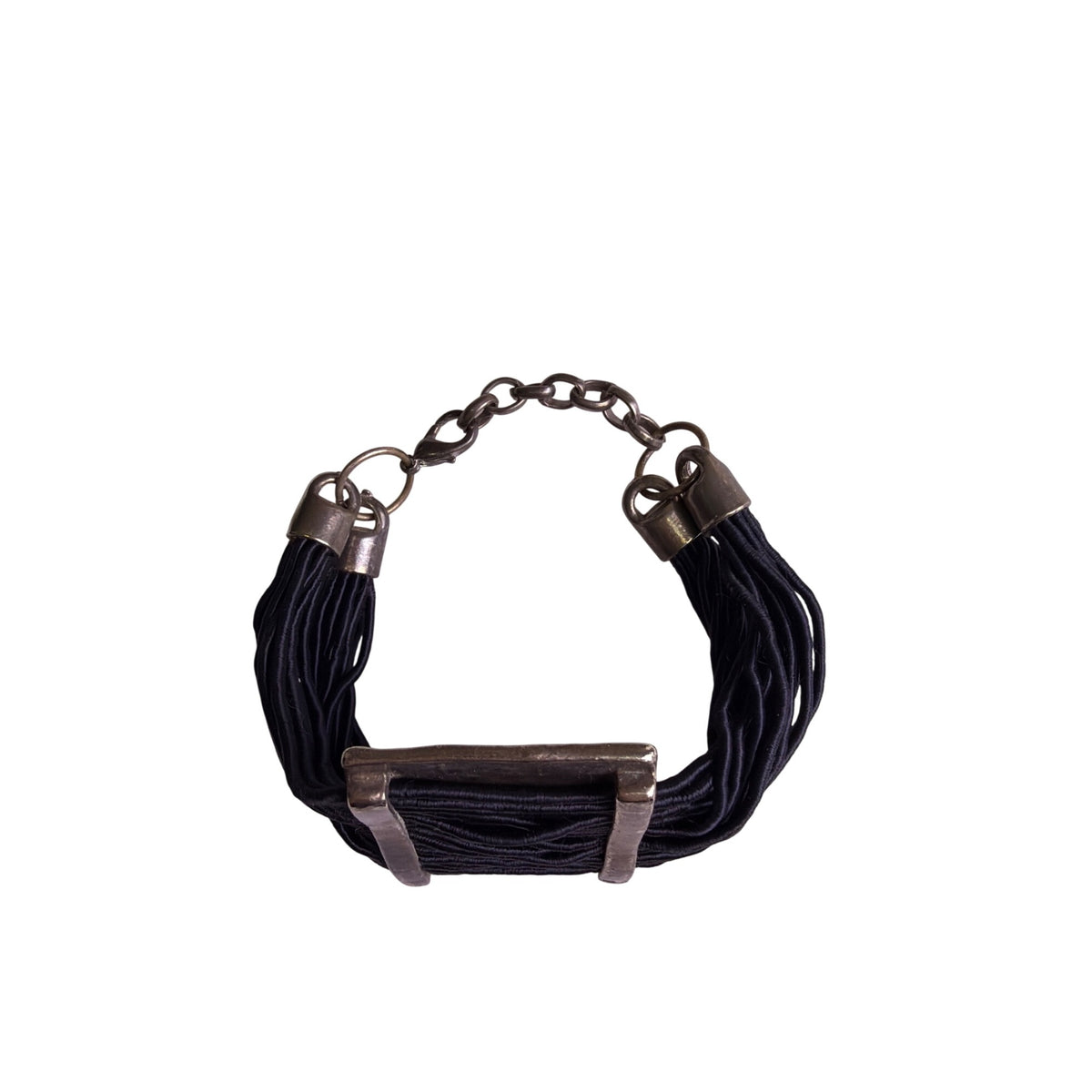 Vintage Silver-Tone & Black Multi-Strand Bracelet With Chain Clasp Adjustable Fit