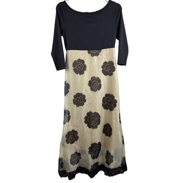 Made With Women’s Black & Beige Floral A-Line Dress Sheer Overlay Lace Hem Size S