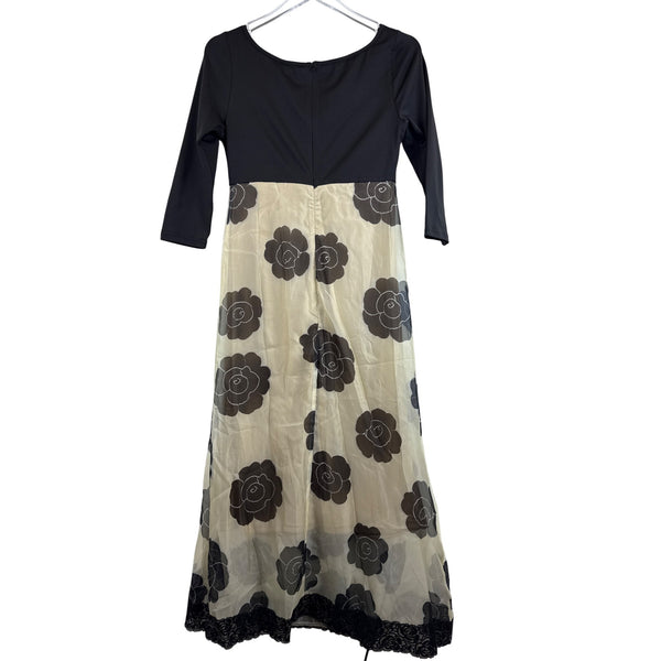 Made With Women’s Black & Beige Floral A-Line Dress Sheer Overlay Lace Hem Size S