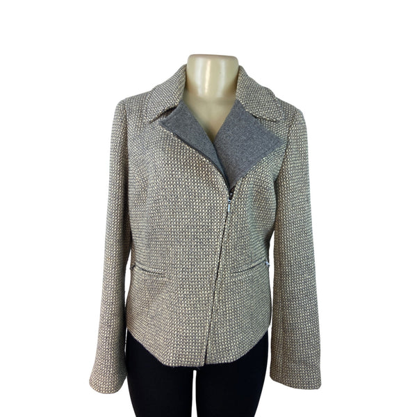 Talbots Womens Grey Textured Tweed Moto Jacket With Zipper & Pockets Sz 8