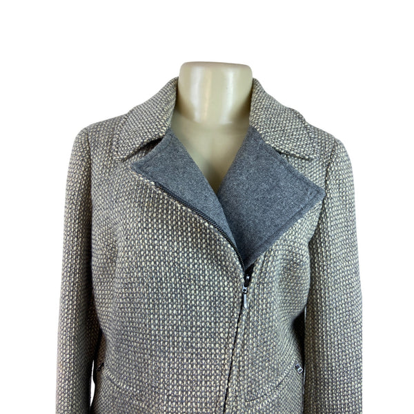 Talbots Womens Grey Textured Tweed Moto Jacket With Zipper & Pockets Sz 8