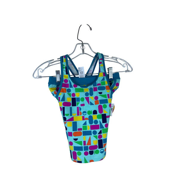 L.L.Bean Girls Teal Multicolor Waterport Swim Tankini Set UPF 50+ Geometric Print Size 10