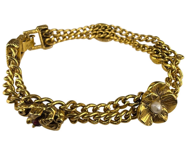 Goldette Women's Gold Tone Chain Bracelet Floral Pearls Layered Design Signed