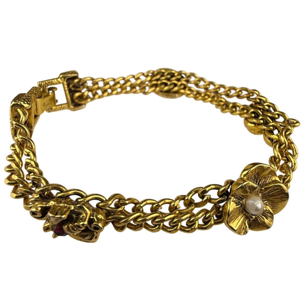 Goldette Women's Gold Tone Chain Bracelet Floral Pearls Layered Design Signed