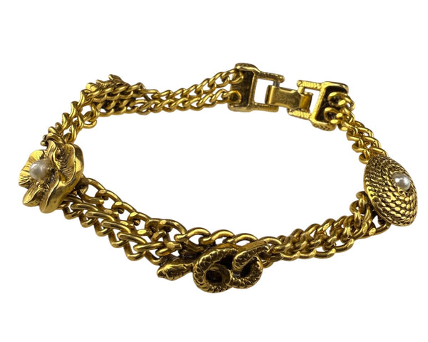 Goldette Women's Gold Tone Chain Bracelet Floral Pearls Layered Design Signed