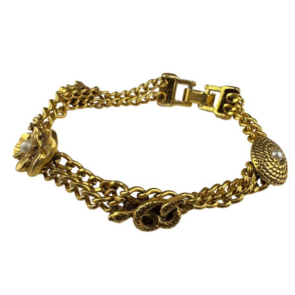 Goldette Women's Gold Tone Chain Bracelet Floral Pearls Layered Design Signed