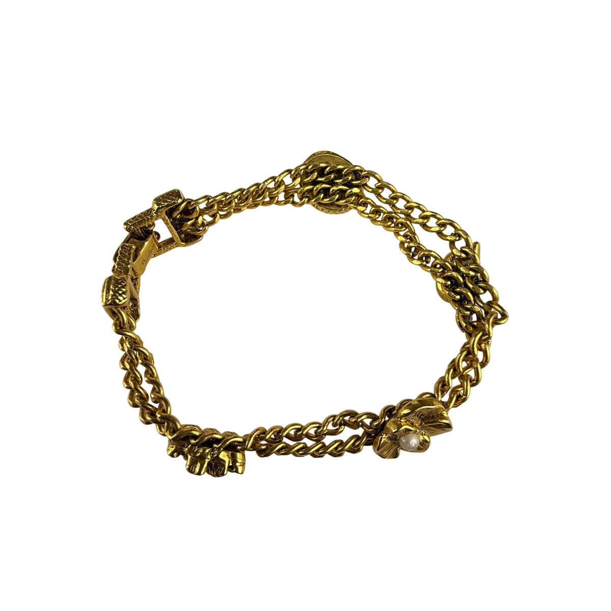 Goldette Women's Gold Tone Chain Bracelet Floral Pearls Layered Design Signed