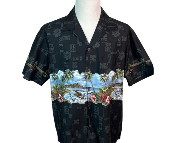 Bishop St. Apparel Hawaiian Shirt Black With Tropical Scene Size XL