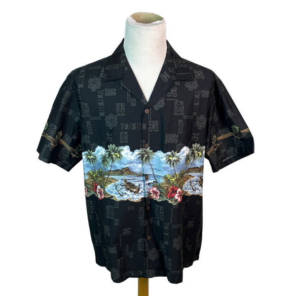 Bishop St. Apparel Hawaiian Shirt Black With Tropical Scene Size XL
