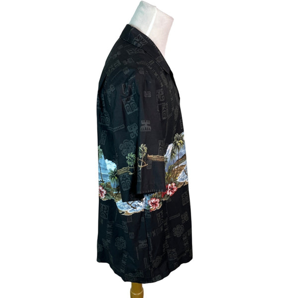 Bishop St. Apparel Hawaiian Shirt Black With Tropical Scene Size XL