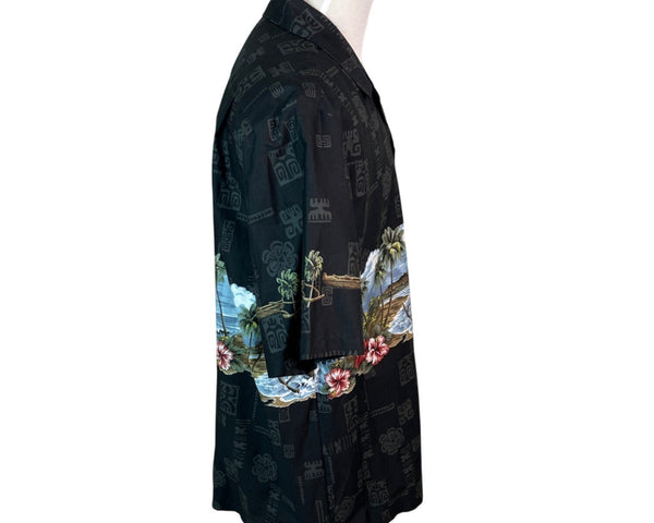 Bishop St. Apparel Hawaiian Shirt Black With Tropical Scene Size XL