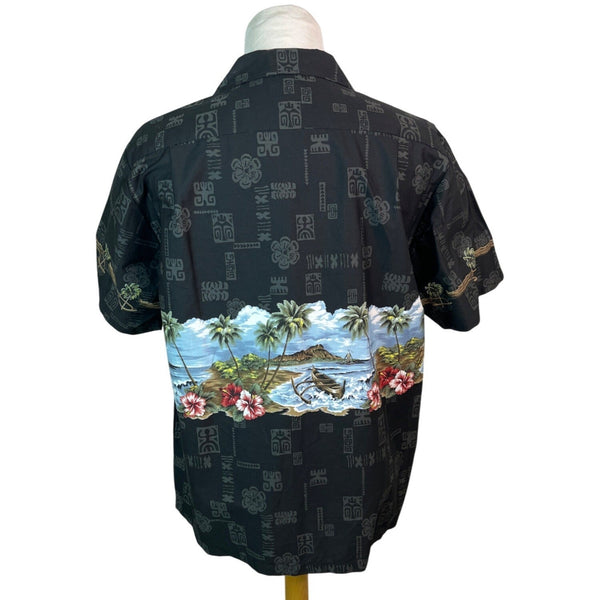 Bishop St. Apparel Hawaiian Shirt Black With Tropical Scene Size XL