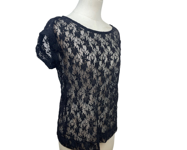 Gap Women’s Black Floral Lace Short Sleeve Top With Back Keyhole Size M
