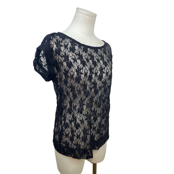 Gap Women’s Black Floral Lace Short Sleeve Top With Back Keyhole Size M