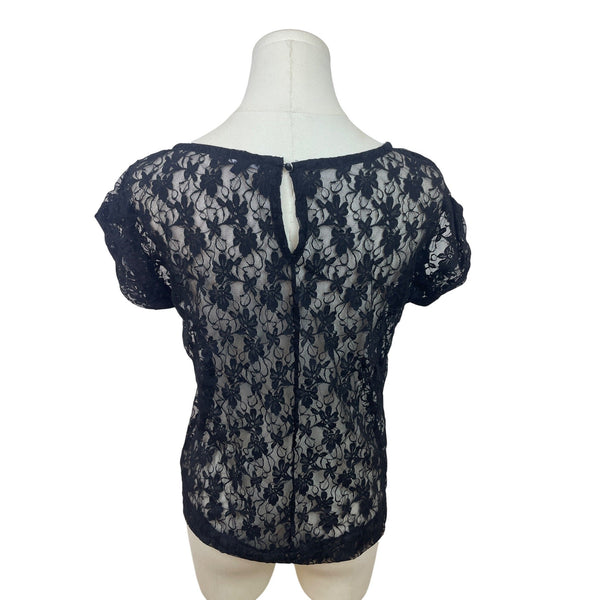 Gap Women’s Black Floral Lace Short Sleeve Top With Back Keyhole Size M