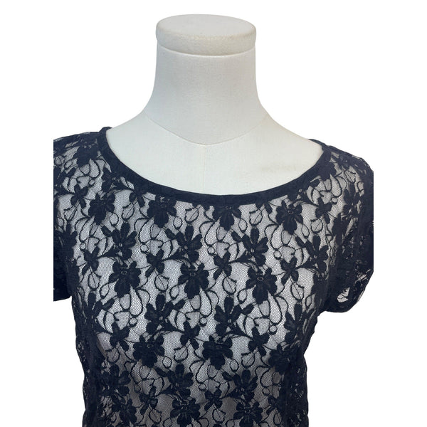 Gap Women’s Black Floral Lace Short Sleeve Top With Back Keyhole Size M