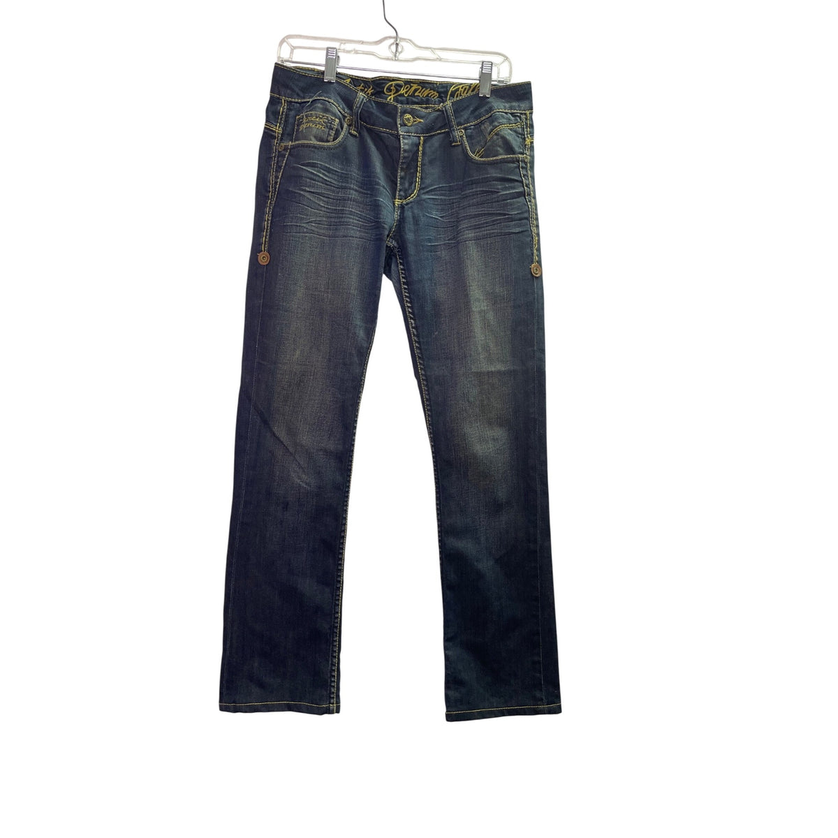 Petrucci Womens Dark Wash Denim Jeans Straight Leg Distressed Yellow Stitching Sz 27