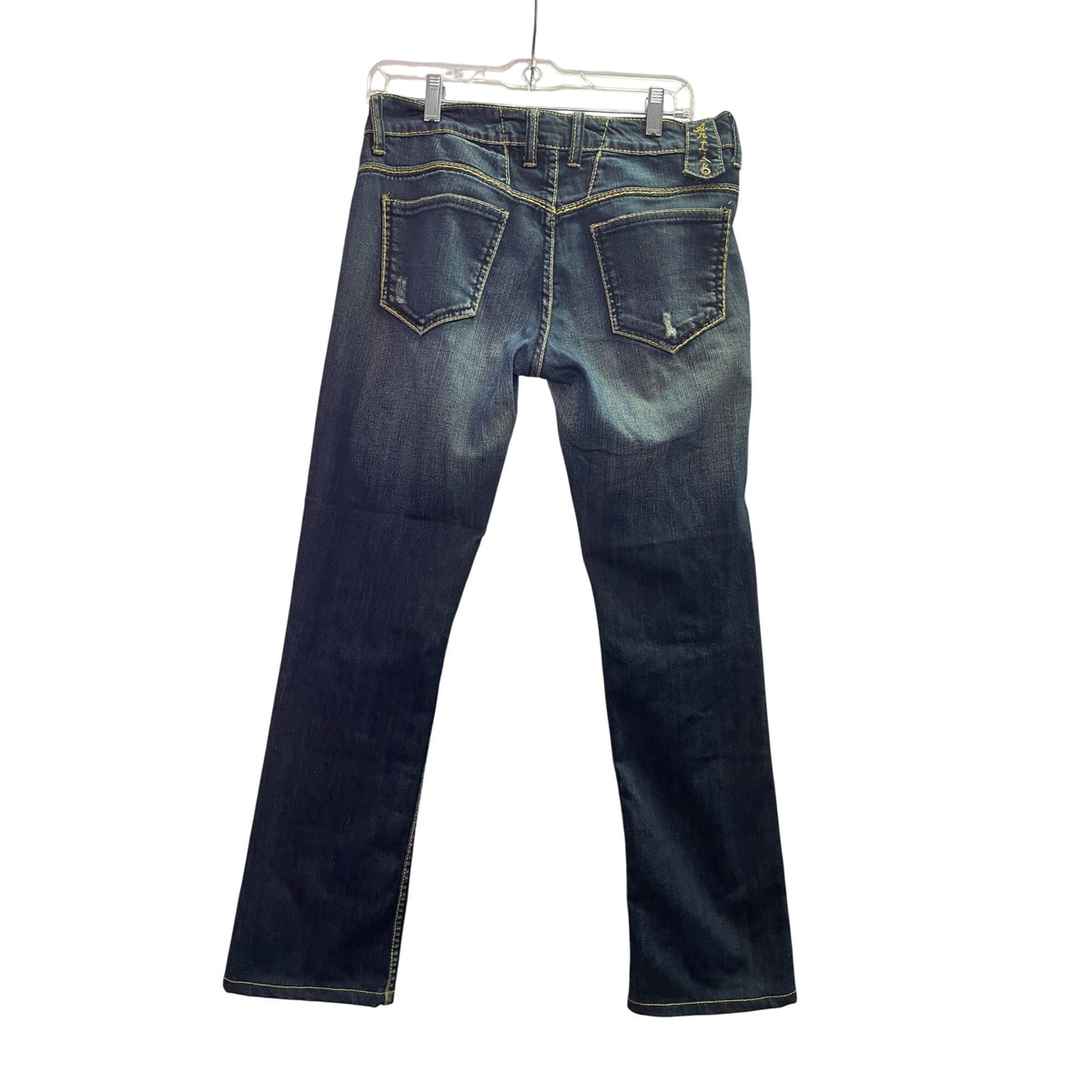 Petrucci Womens Dark Wash Denim Jeans Straight Leg Distressed Yellow Stitching Sz 27