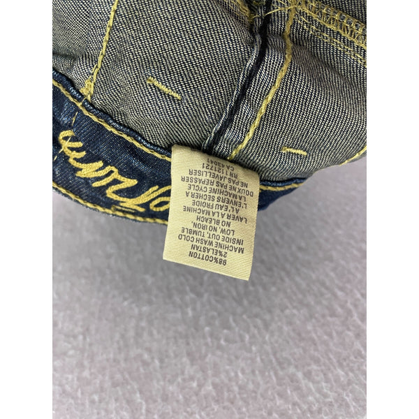 Petrucci Womens Dark Wash Denim Jeans Straight Leg Distressed Yellow Stitching Sz 27