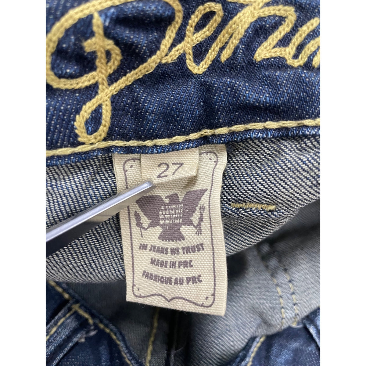 Petrucci Womens Dark Wash Denim Jeans Straight Leg Distressed Yellow Stitching Sz 27