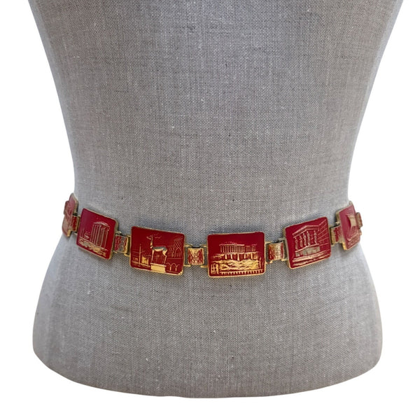 Vintage Red & Gold Enamel Souvenir Belt With Italian Landmark Designs Adjustable