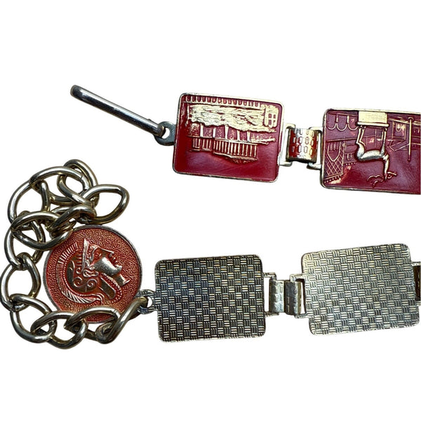 Vintage Red & Gold Enamel Souvenir Belt With Italian Landmark Designs Adjustable