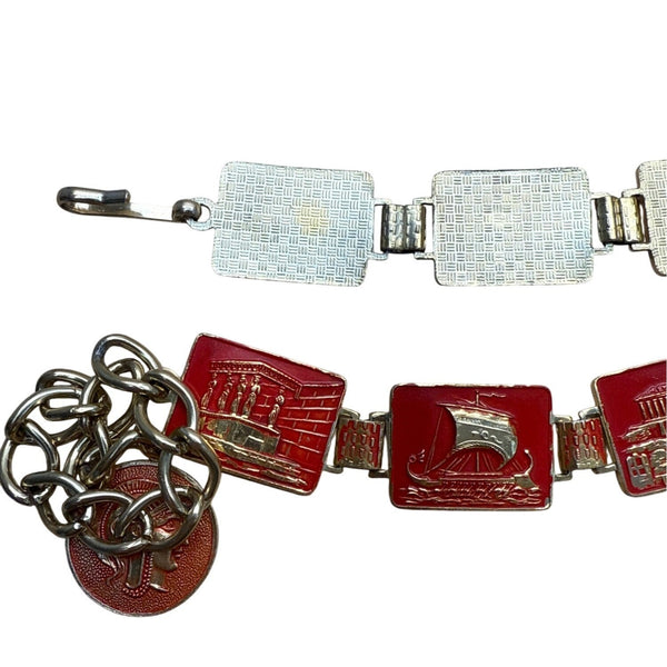 Vintage Red & Gold Enamel Souvenir Belt With Italian Landmark Designs Adjustable