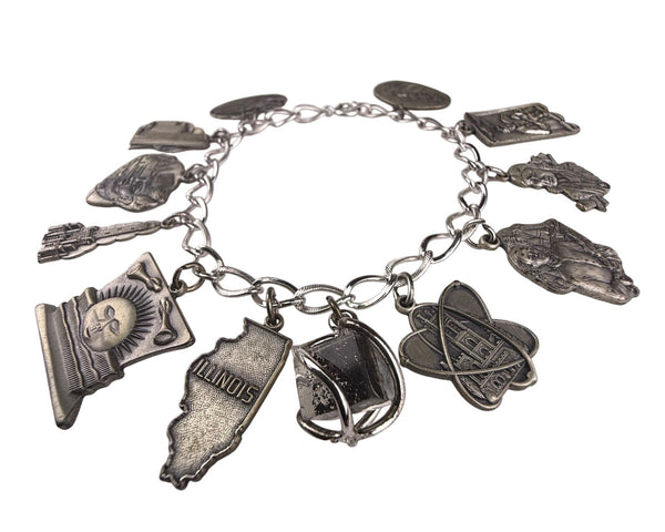 Vintage Silver Tone Illinois Theme Charm Bracelet 10 Charms Unique Collectible