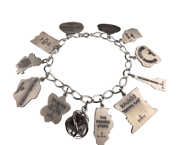 Vintage Silver Tone Illinois Theme Charm Bracelet 10 Charms Unique Collectible