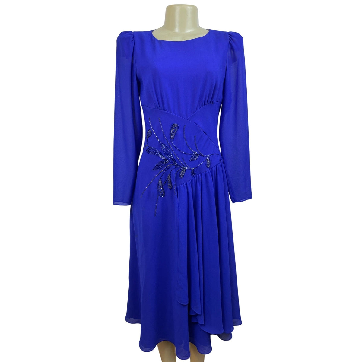 Vintage Royal Blue Midi Dress With Embroidered Beaded Detail & Puff Sleeves New