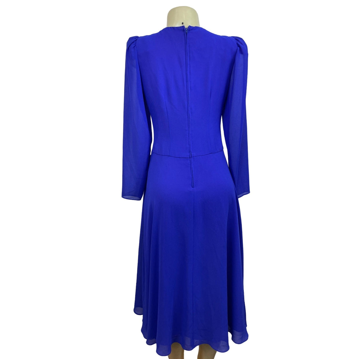 Vintage Royal Blue Midi Dress With Embroidered Beaded Detail & Puff Sleeves New