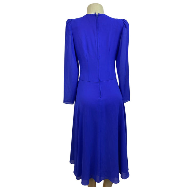 Vintage Royal Blue Midi Dress With Embroidered Beaded Detail & Puff Sleeves New