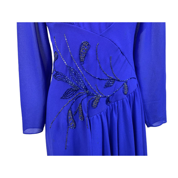 Vintage Royal Blue Midi Dress With Embroidered Beaded Detail & Puff Sleeves New