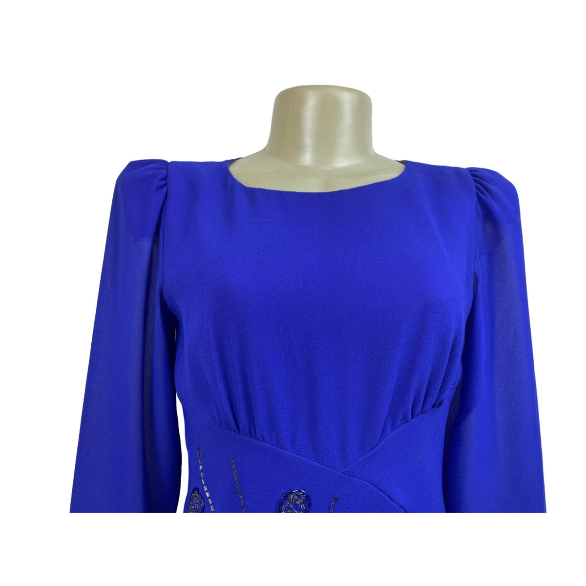 Vintage Royal Blue Midi Dress With Embroidered Beaded Detail & Puff Sleeves New