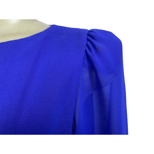 Vintage Royal Blue Midi Dress With Embroidered Beaded Detail & Puff Sleeves New