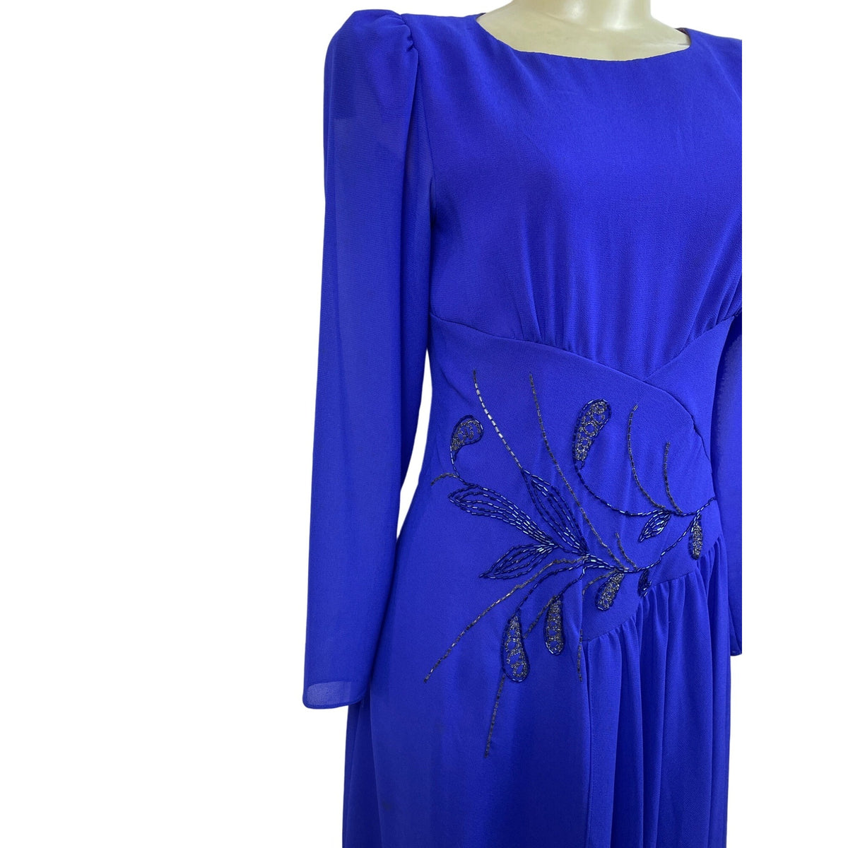Vintage Royal Blue Midi Dress With Embroidered Beaded Detail & Puff Sleeves New