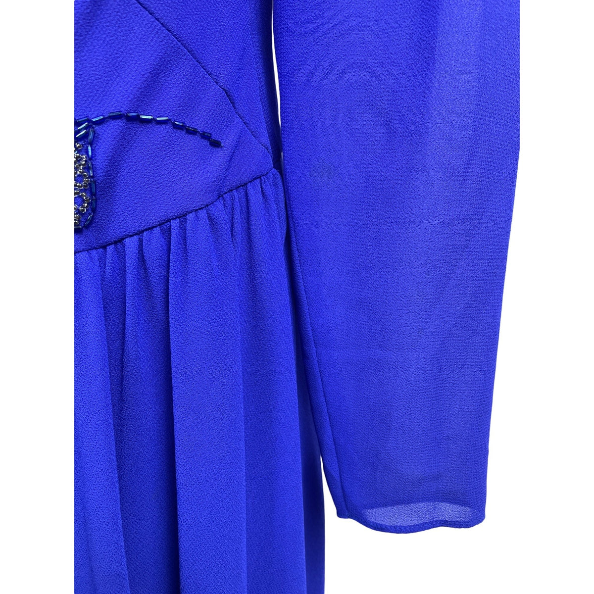 Vintage Royal Blue Midi Dress With Embroidered Beaded Detail & Puff Sleeves New