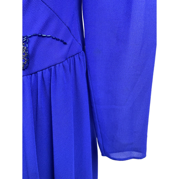 Vintage Royal Blue Midi Dress With Embroidered Beaded Detail & Puff Sleeves New