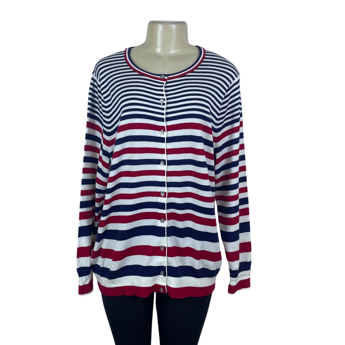 Lands End Women's Red/Blue Striped Cardigan Sweater Button Front Size 1X