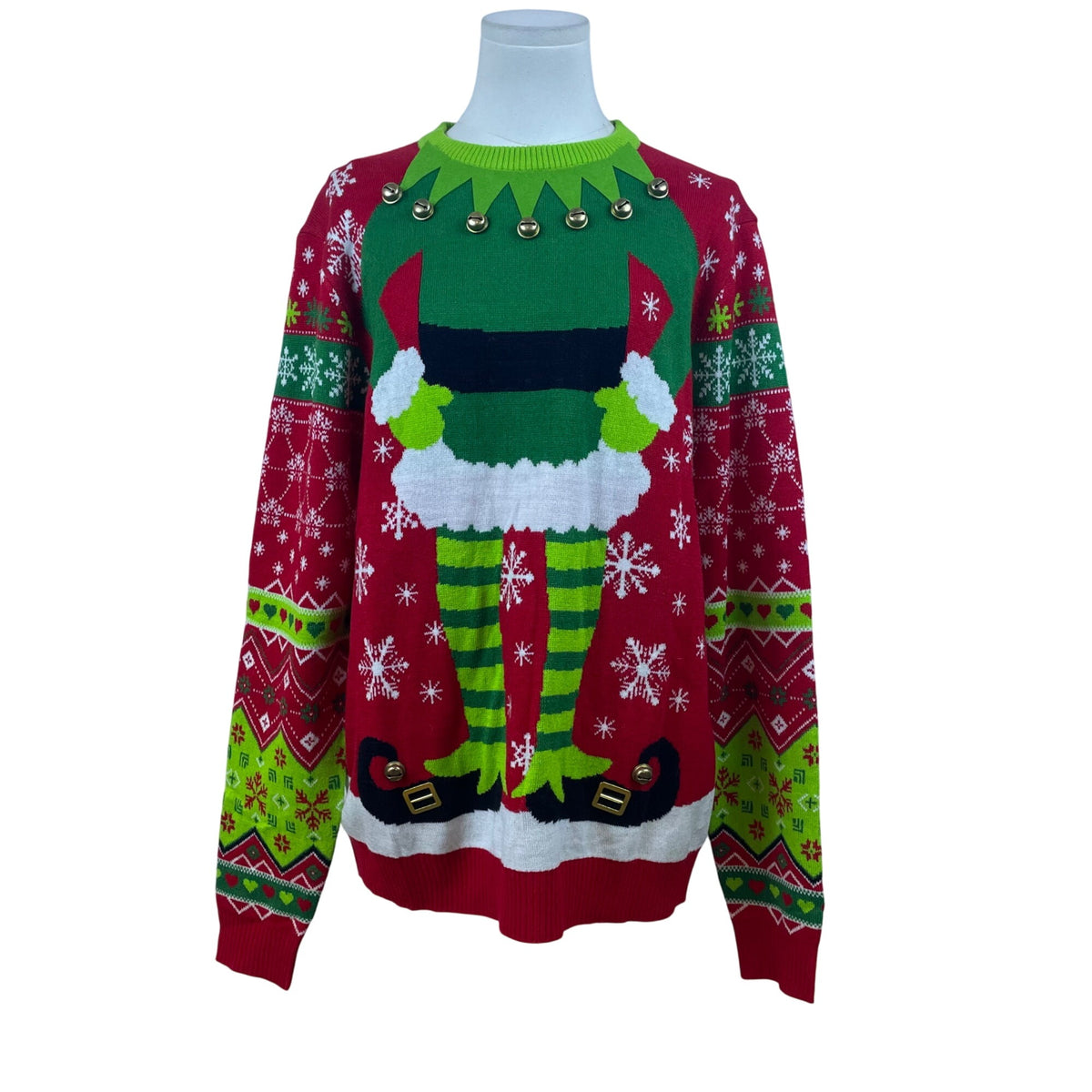 Off The Rack Mens Red & Green Acrylic Ugly Christmas Elf Sweater W/ Bells Sz M