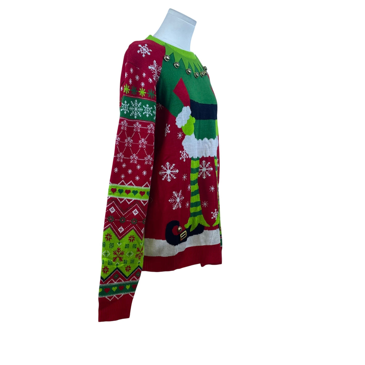 Off The Rack Mens Red & Green Acrylic Ugly Christmas Elf Sweater W/ Bells Sz M