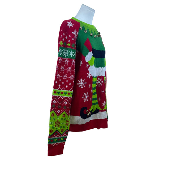 Off The Rack Mens Red & Green Acrylic Ugly Christmas Elf Sweater W/ Bells Sz M