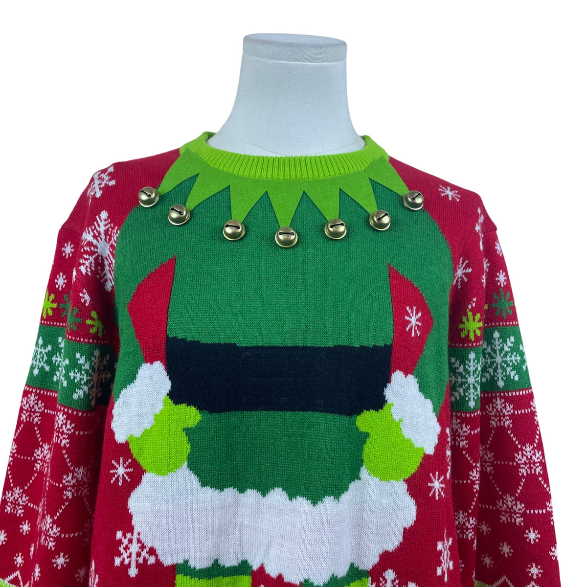 Off The Rack Mens Red & Green Acrylic Ugly Christmas Elf Sweater W/ Bells Sz M