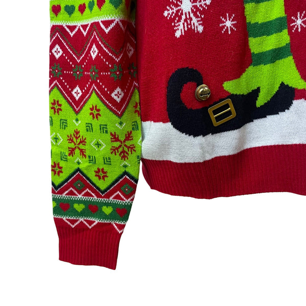 Off The Rack Mens Red & Green Acrylic Ugly Christmas Elf Sweater W/ Bells Sz M