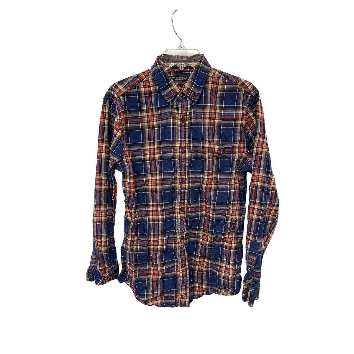 Banana Republic Mens Blue Orange Plaid Luxe Flannel Slim Fit Shirt Medium