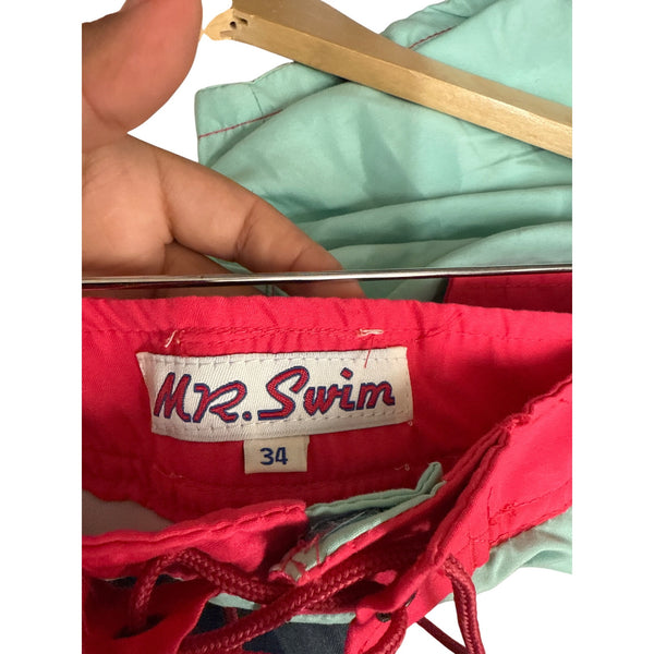 Mr Swim Mens Red & Mint Green Swim Trunks Size 34 Lightweight Drawstring Waist