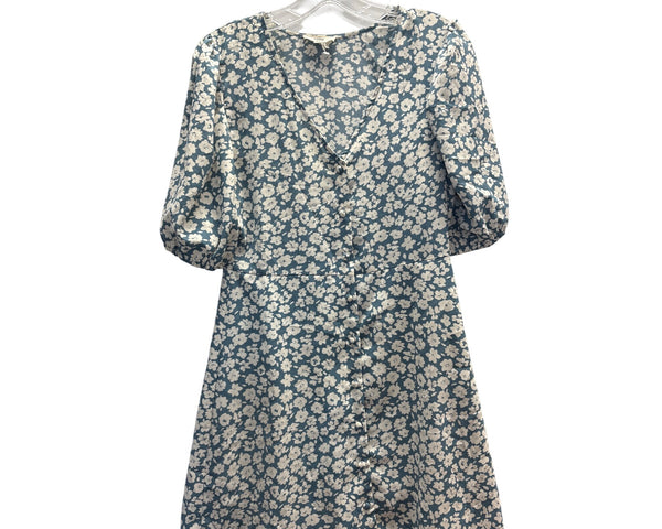 Entro Womens Blue White Floral Print Button Front Puff Sleeve Dress S