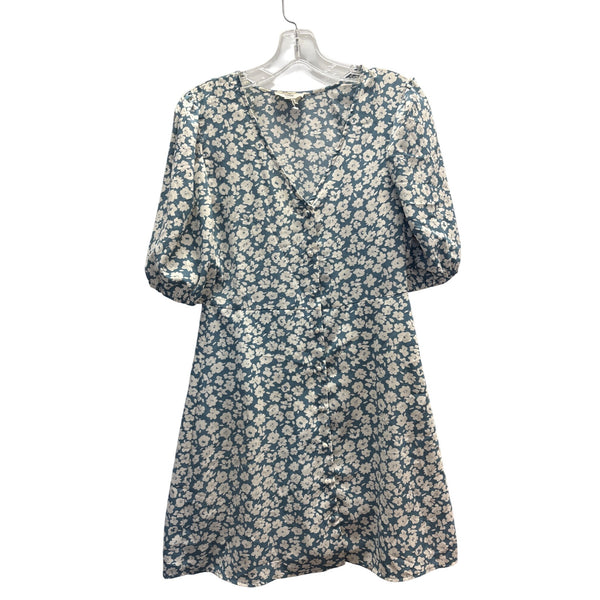 Entro Womens Blue White Floral Print Button Front Puff Sleeve Dress S